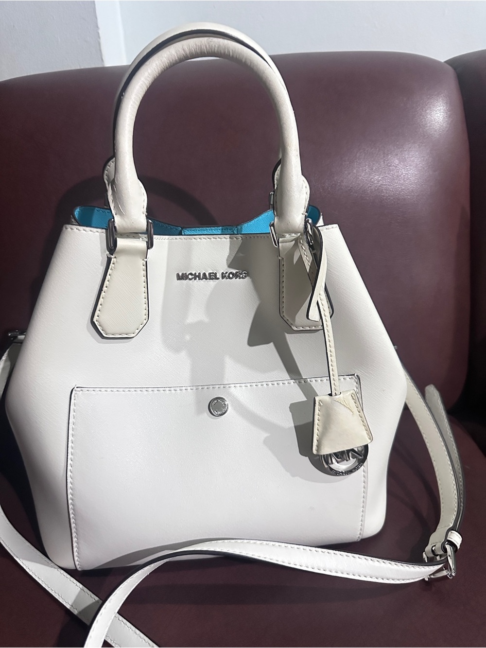 Michael Kors Cream Leather Satchel with Turquoise Interior